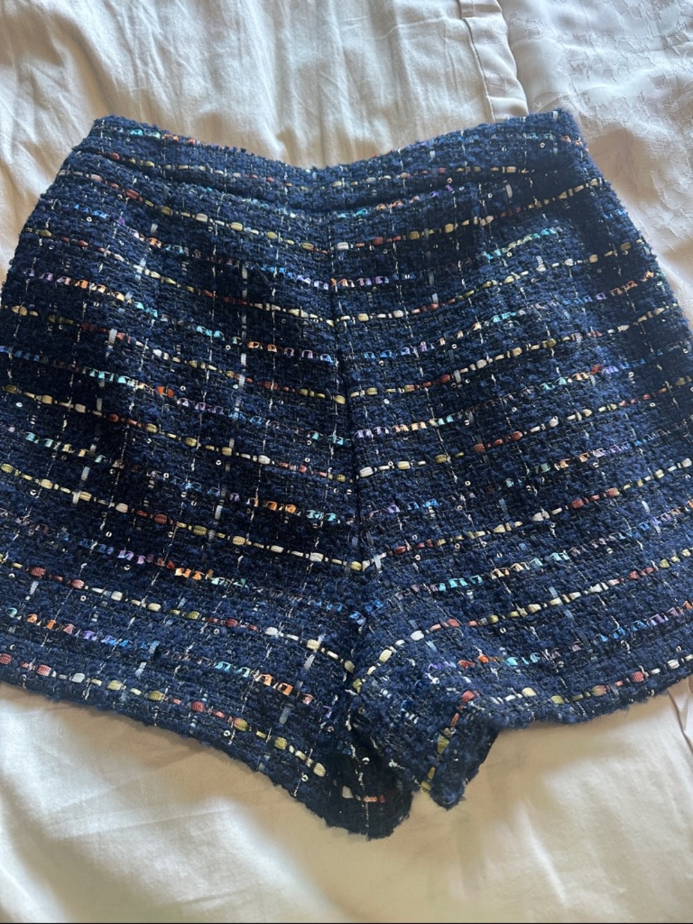 Zara Navy Tweed High-Waist Shorts with Multicolor Threading - Picture 3 of 3